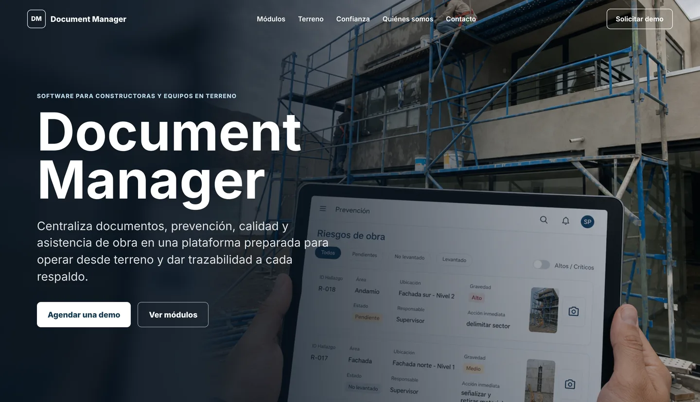 Sitio de Document Manager: software para constructoras y equipos en terreno